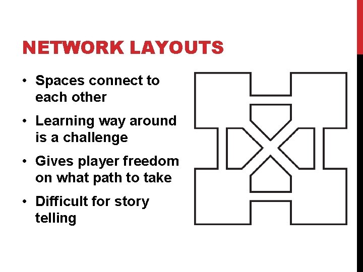 NETWORK LAYOUTS • Spaces connect to each other • Learning way around is a