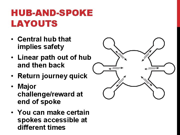 HUB-AND-SPOKE LAYOUTS • Central hub that implies safety • Linear path out of hub