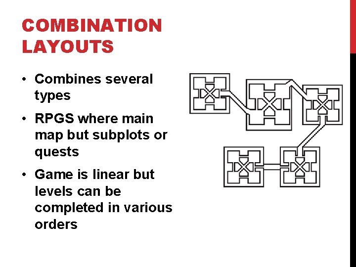 COMBINATION LAYOUTS • Combines several types • RPGS where main map but subplots or