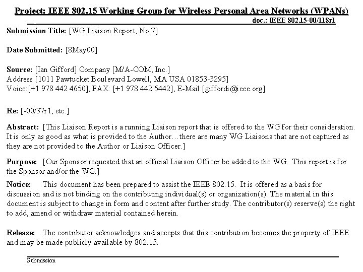 Project: IEEE 802. 15 Working Group for Wireless Personal Area Networks (WPANs) May 2000