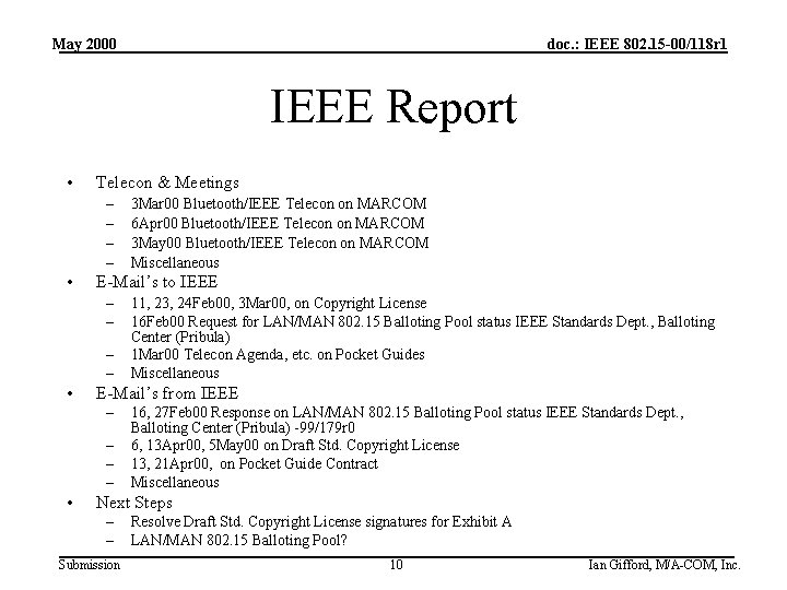 May 2000 doc. : IEEE 802. 15 -00/118 r 1 IEEE Report • Telecon