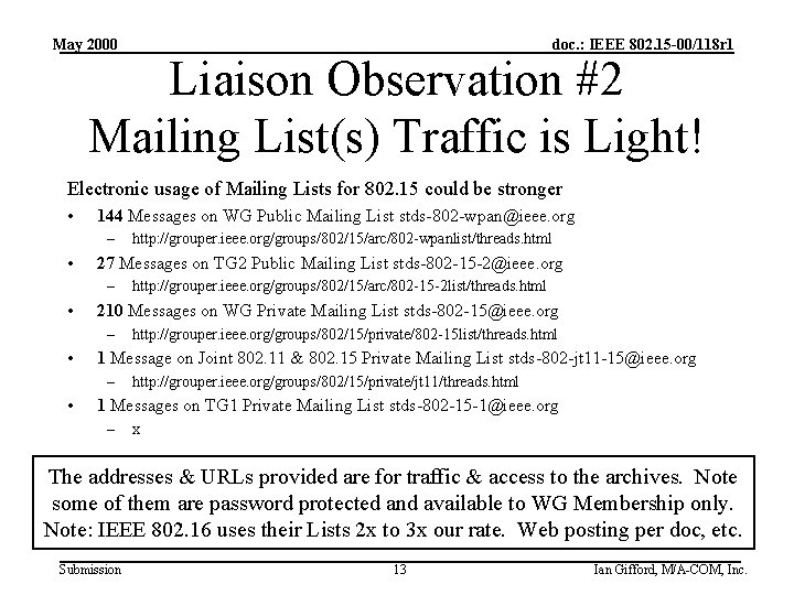 May 2000 doc. : IEEE 802. 15 -00/118 r 1 Liaison Observation #2 Mailing