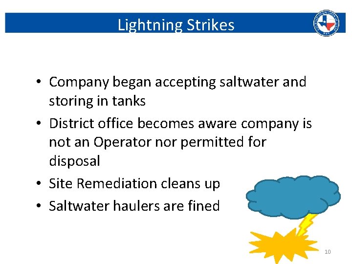 Lightning Strikes • Company began accepting saltwater and storing in tanks • District office