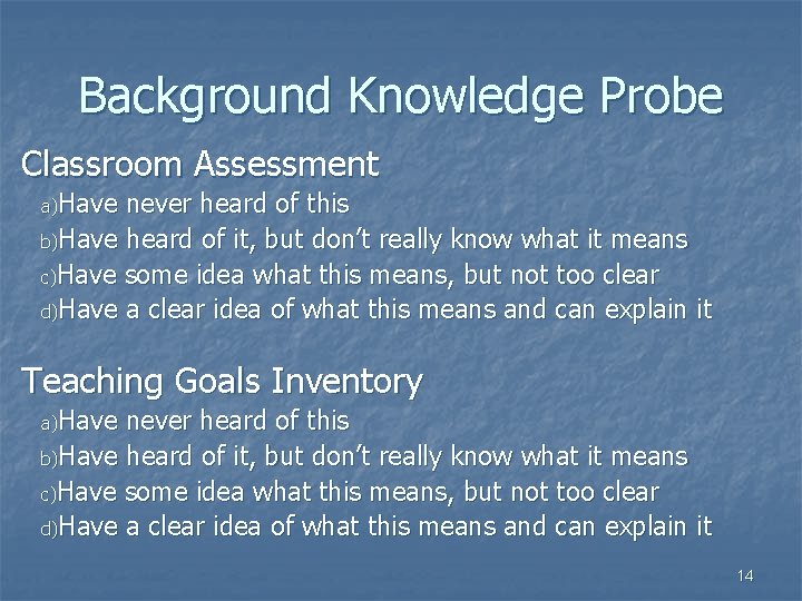 Background Knowledge Probe Classroom Assessment a)Have never heard of this b)Have heard of it,