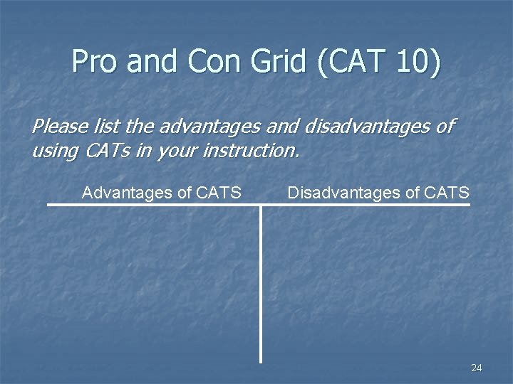 Pro and Con Grid (CAT 10) Please list the advantages and disadvantages of using