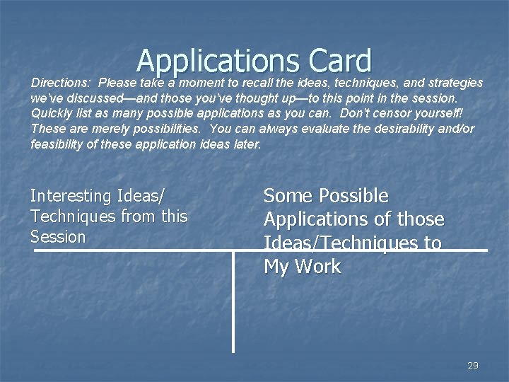 Applications Card Directions: Please take a moment to recall the ideas, techniques, and strategies