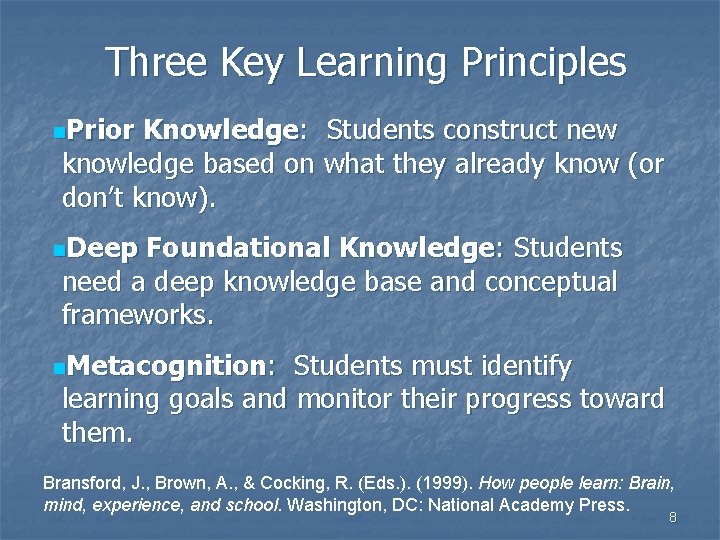 Three Key Learning Principles n. Prior Knowledge: Students construct new knowledge based on what