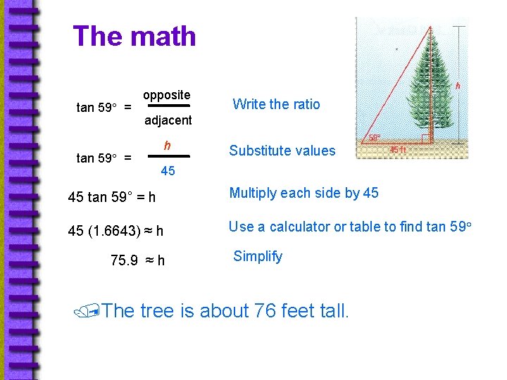 The math tan 59° = opposite Write the ratio adjacent tan 59° = h