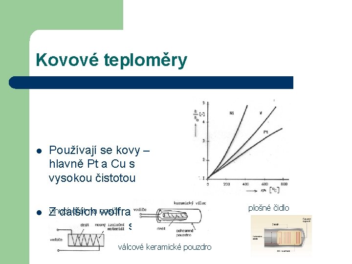 Kovové teploměry l Používají se kovy – hlavně Pt a Cu s vysokou čistotou
