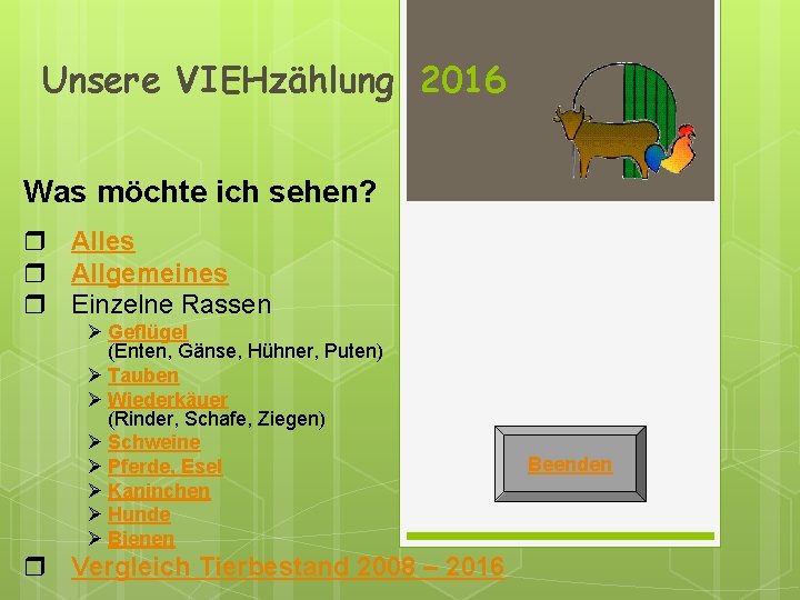 Unsere VIEHzählung 2016 Was möchte ich sehen? Alles Allgemeines Einzelne Rassen Ø Geflügel (Enten,