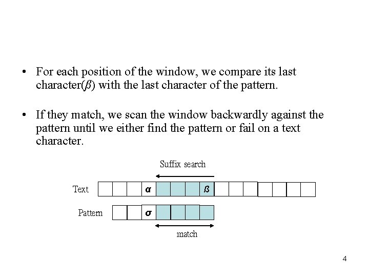 • For each position of the window, we compare its last character(ß) with • For each position of the window, we compare its last character(ß) with