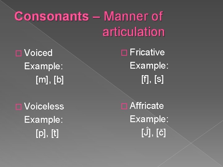 Consonants – Manner of articulation � Voiced Example: [m], [b] � Voiceless Example: [p],