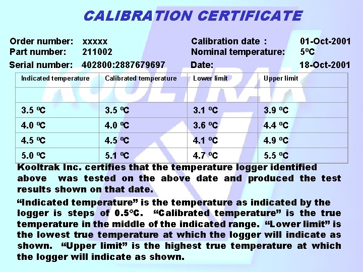 CALIBRATION CERTIFICATE Order number: xxxxx Part number: 211002 Serial number: 402800: 2887679697 Calibration date CALIBRATION CERTIFICATE Order number: xxxxx Part number: 211002 Serial number: 402800: 2887679697 Calibration date