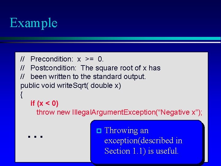 Example // Precondition: x >= 0. // Postcondition: The square root of x has