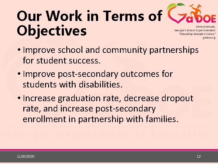 Our Work in Terms of Objectives Richard Woods, Georgia’s School Superintendent “Educating Georgia’s Future”