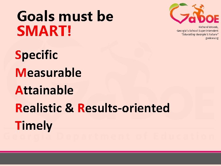 Goals must be SMART! Specific Measurable Attainable Realistic & Results-oriented Timely Richard Woods, Georgia’s