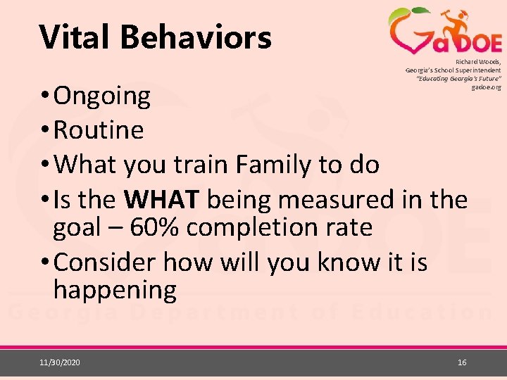 Vital Behaviors Richard Woods, Georgia’s School Superintendent “Educating Georgia’s Future” gadoe. org • Ongoing