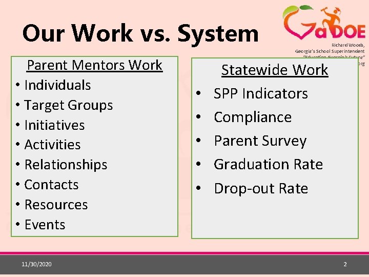 Our Work vs. System Parent Mentors Work • Individuals • Target Groups • Initiatives