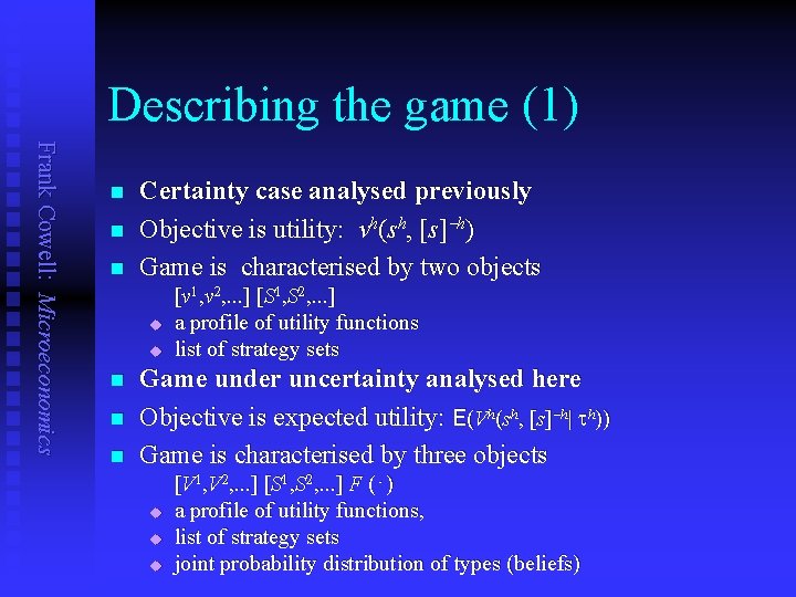 Describing the game (1) Frank Cowell: Microeconomics n n n Certainty case analysed previously