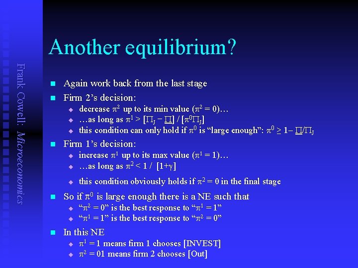 Another equilibrium? Frank Cowell: Microeconomics n n Again work back from the last stage