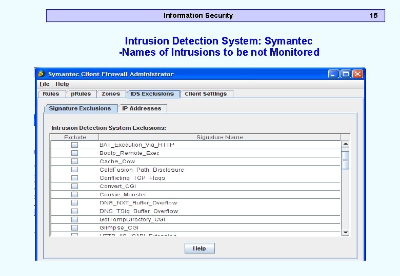 Information Security Intrusion Detection System: Symantec -Names of Intrusions to be not Monitored 15
