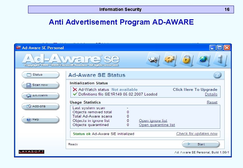 Information Security Anti Advertisement Program AD-AWARE 16 