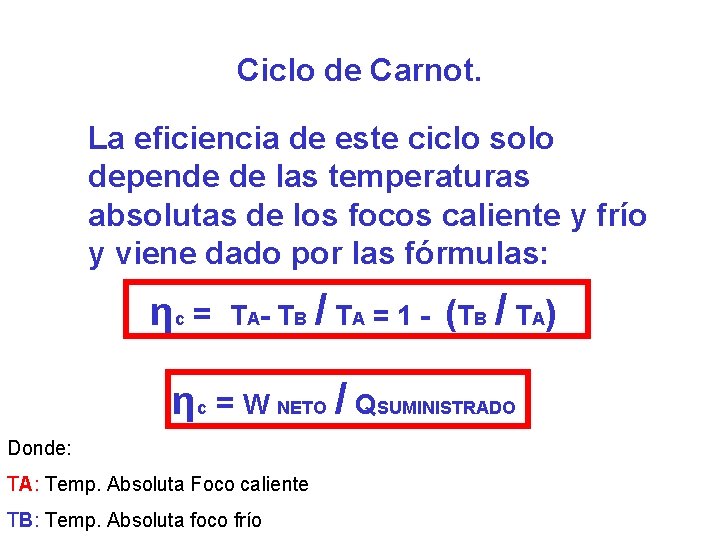 Ciclo de Carnot. La eficiencia de este ciclo solo depende de las temperaturas absolutas