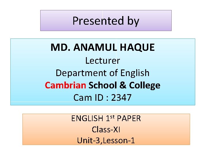 Presented by MD. ANAMUL HAQUE Lecturer Department of English Cambrian School & College Cam