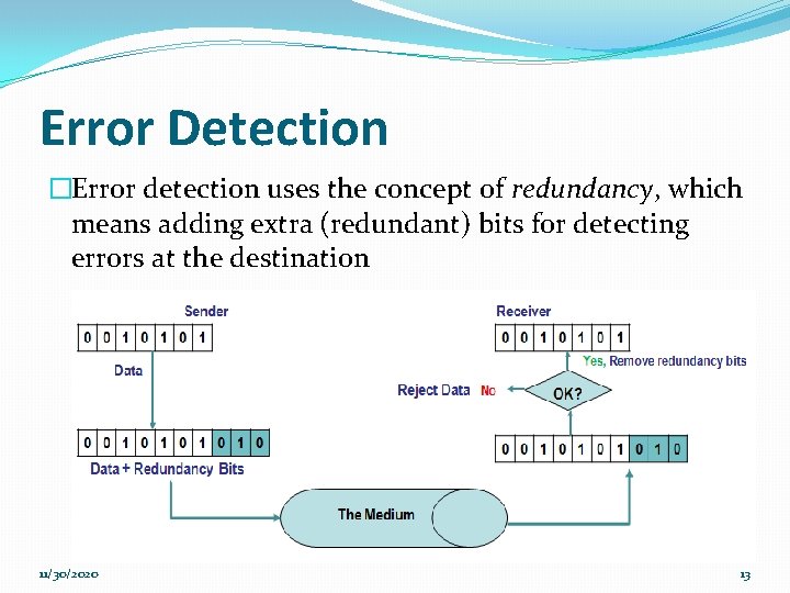 Error Detection �Error detection uses the concept of redundancy, which means adding extra (redundant)