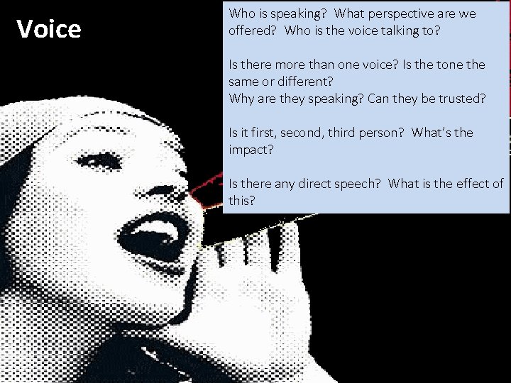 Voice Who is speaking? What perspective are we offered? Who is the voice talking