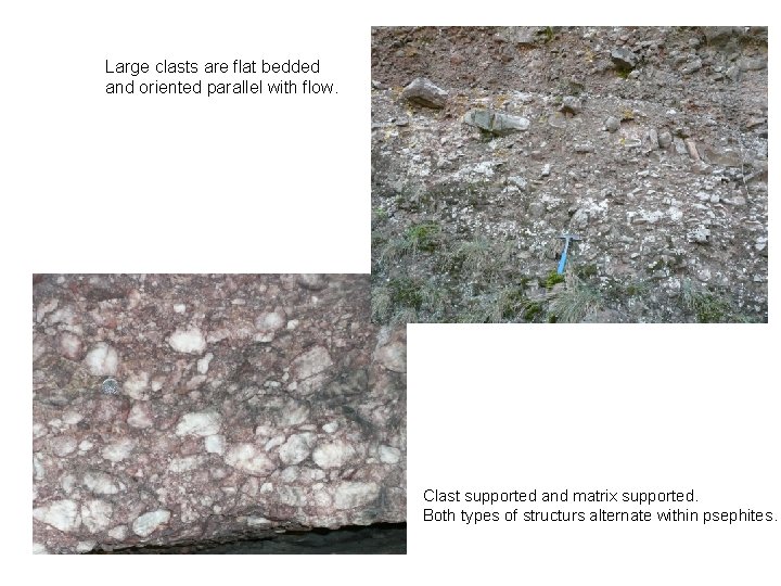 Large clasts are flat bedded and oriented parallel with flow. Clast supported and matrix