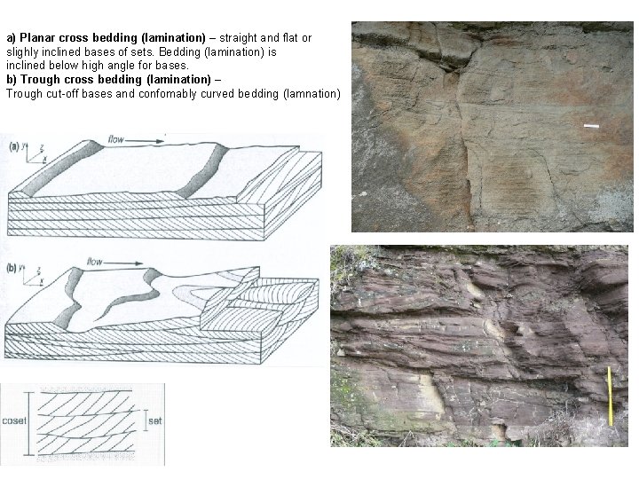 a) Planar cross bedding (lamination) – straight and flat or slighly inclined bases of