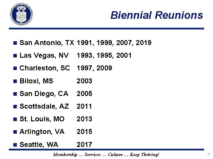 Biennial Reunions n San Antonio, TX 1991, 1999, 2007, 2019 n Las Vegas, NV