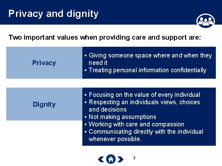 Privacy and dignity Two important values when providing care and support are: Privacy Dignity