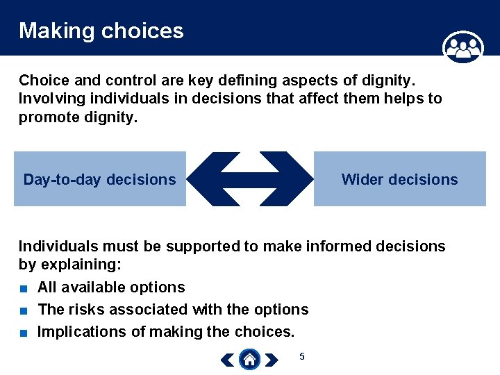 Making choices Choice and control are key defining aspects of dignity. Involving individuals in