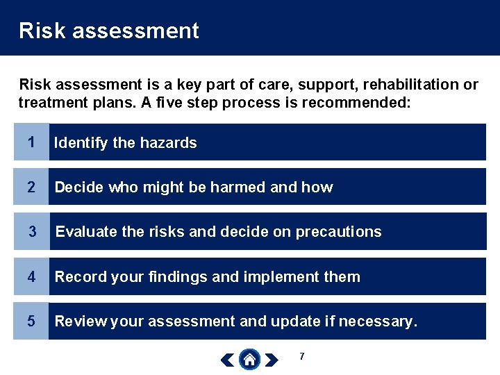 Risk assessment is a key part of care, support, rehabilitation or treatment plans. A