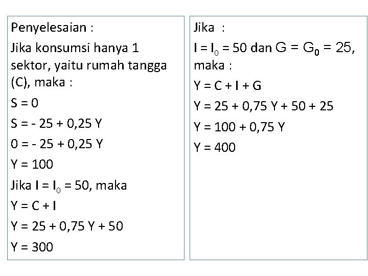 Penyelesaian : Jika konsumsi hanya 1 sektor, yaitu rumah tangga (C), maka : S=0