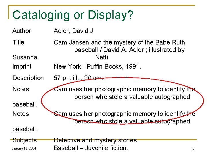 Cataloging or Display? Author Adler, David J. Title Susanna Imprint Cam Jansen and the