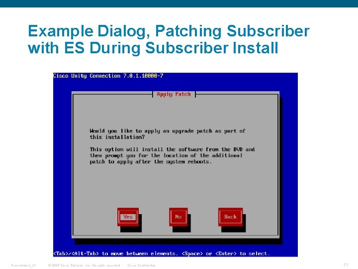 Example Dialog, Patching Subscriber with ES During Subscriber Install Presentation_ID © 2006 Cisco Systems,