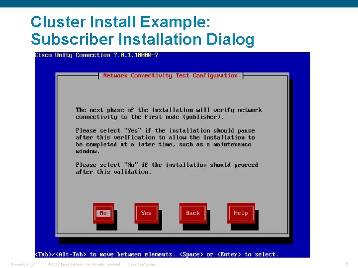 Cluster Install Example: Subscriber Installation Dialog Presentation_ID © 2006 Cisco Systems, Inc. All rights