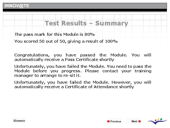 Test Results – Summary The pass mark for this Module is 80% You scored Test Results – Summary The pass mark for this Module is 80% You scored