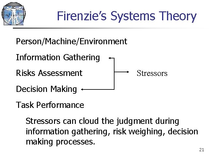 Firenzie’s Systems Theory Person/Machine/Environment Information Gathering Risks Assessment Stressors Decision Making Task Performance Stressors