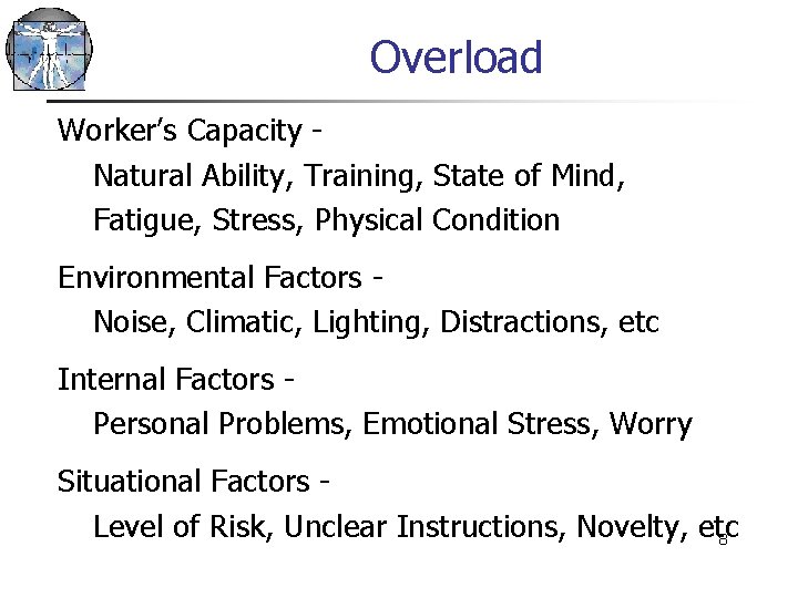 Overload Worker’s Capacity Natural Ability, Training, State of Mind, Fatigue, Stress, Physical Condition Environmental