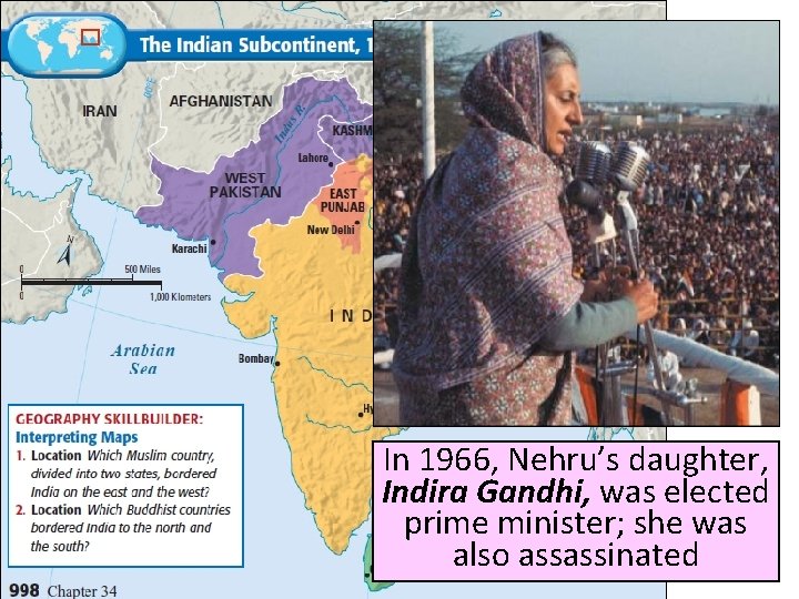 Title ■ Text In 1966, Nehru’s daughter, Indira Gandhi, was elected prime minister; she