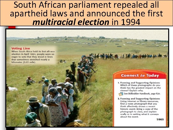 South African parliament repealed all apartheid laws and announced the first multiracial election in
