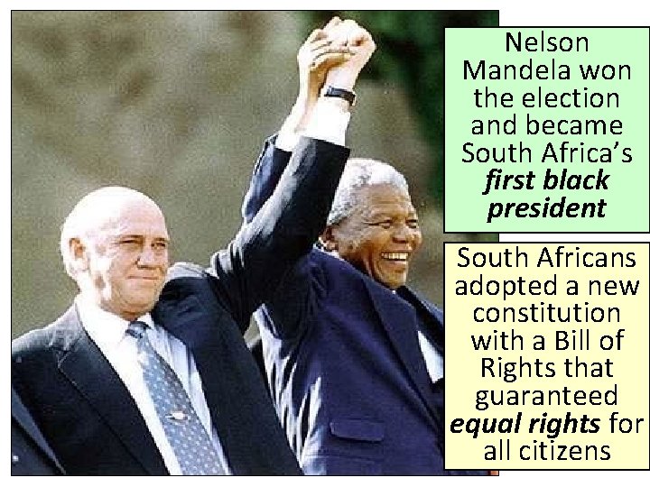 Nelson Mandela won the election and became South Africa’s first black president South Africans