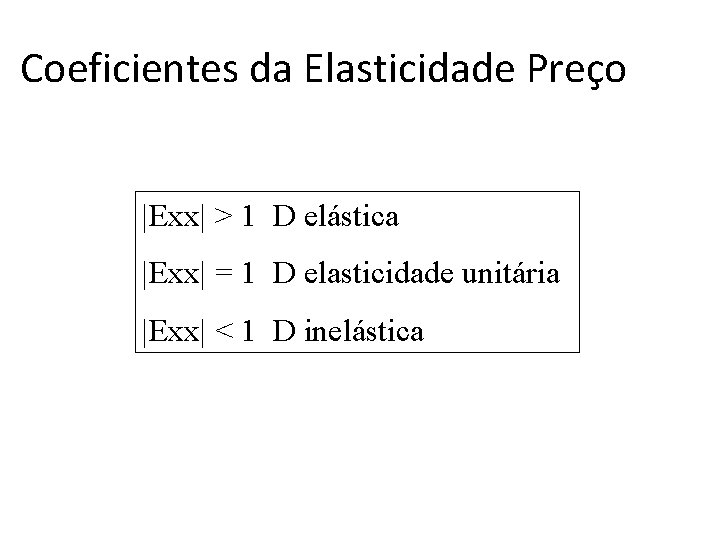 Coeficientes da Elasticidade Preço |Exx| > 1 D elástica |Exx| = 1 D elasticidade