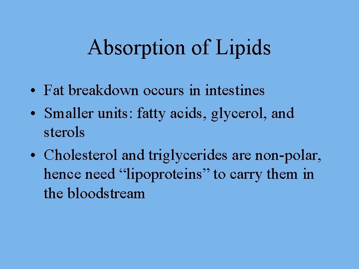 Absorption of Lipids • Fat breakdown occurs in intestines • Smaller units: fatty acids,