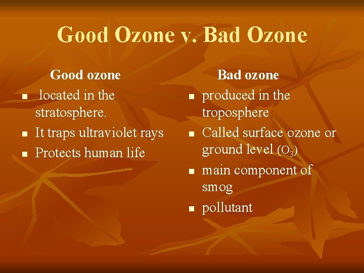 Good Ozone v. Bad Ozone Good ozone n located in the stratosphere. n It