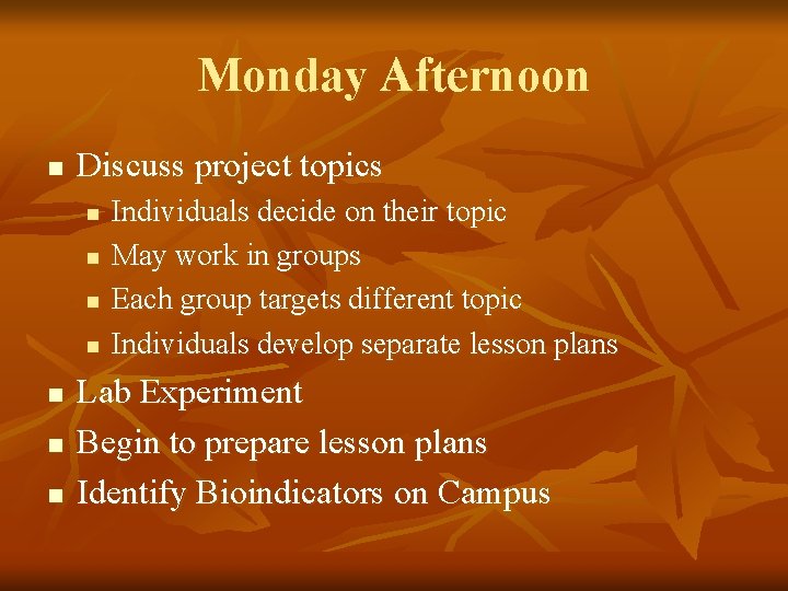 Monday Afternoon n Discuss project topics n n n n Individuals decide on their